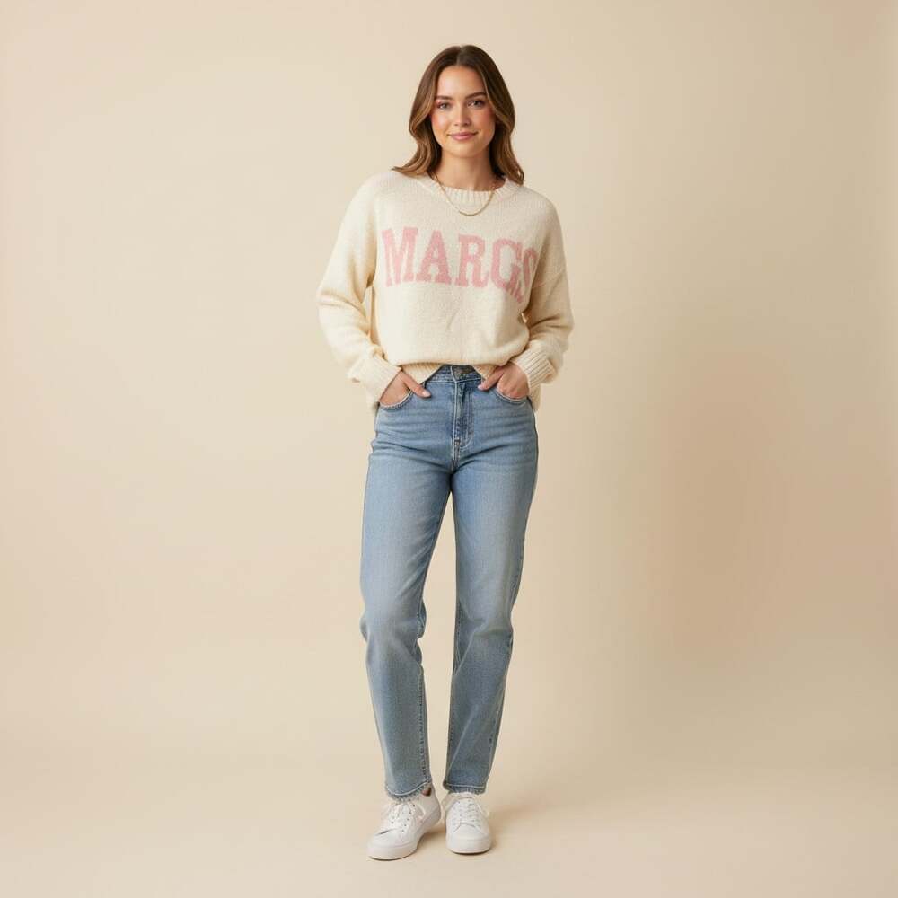 Panache Apparel Margs Graphic Knit Sweater Women L Cream Margarita Oversized
